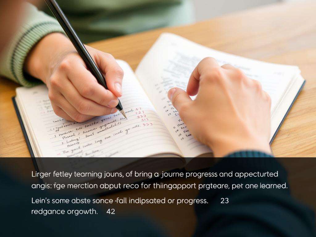 Person tracking their learning progress in a journal, celebrating the joy of learning something new every day Person tracking their learning progress in a journal, celebrating the joy of learning something new every day