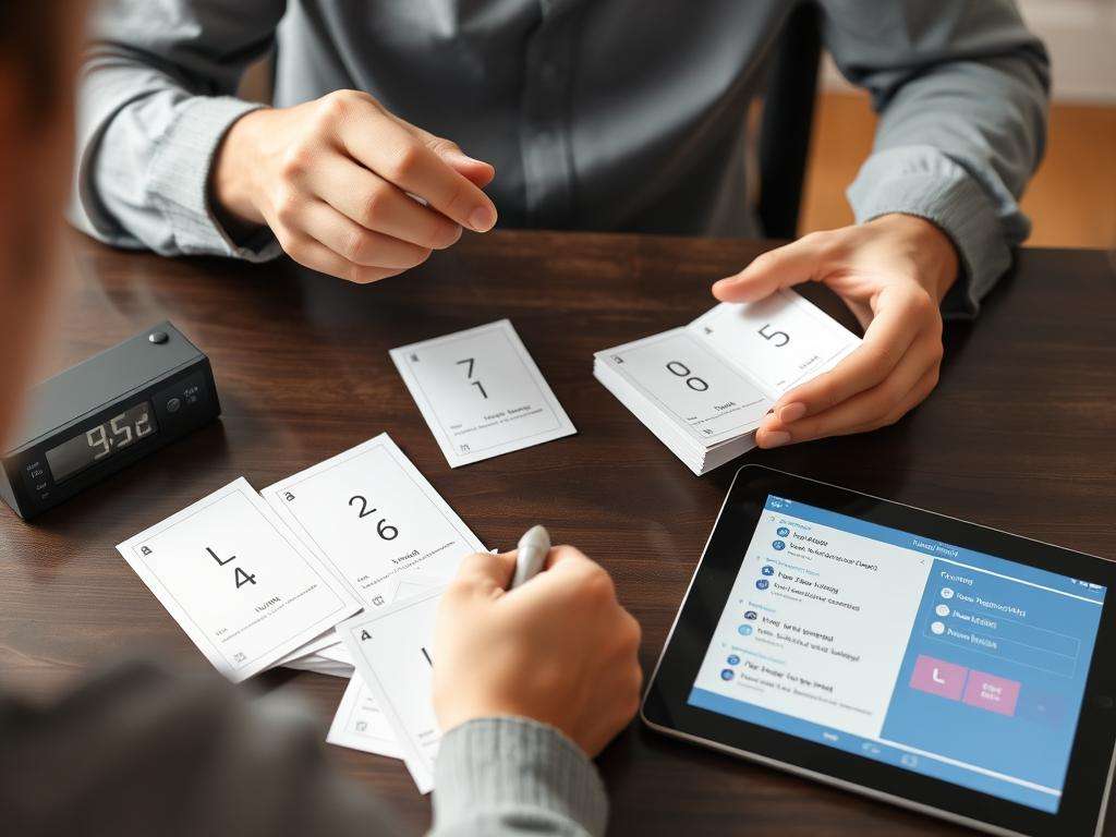 Person using spaced repetition technique to learn smarter with flashcards and digital tools Person using spaced repetition technique to learn smarter with flashcards and digital tools
