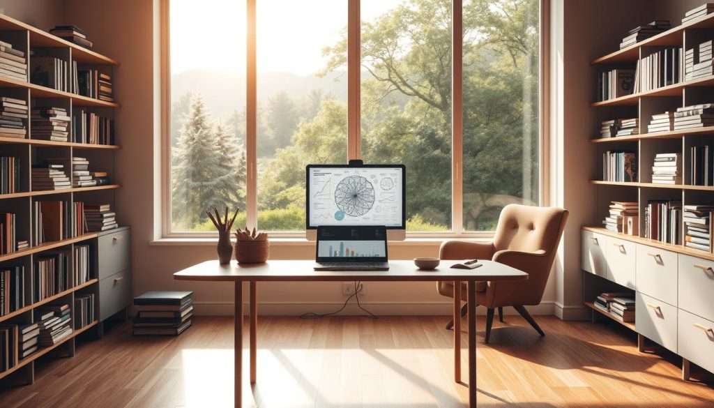 Prompt A serene and contemplative study space, bathed in warm, natural light filtering through large windows. At the center, a sleek, minimalist desk with a "Studying Machine" laptop, its screen displaying intricate diagrams and charts. Floating shelves hold an array of books and research materials, while a comfortable armchair invites deep, focused work. The background features a lush, verdant landscape, suggesting a connection to the natural world and a sense of tranquility. The overall atmosphere evokes a sense of self-directed learning, where the individual is empowered to explore, discover, and overcome obstacles through their own curiosity and determination.