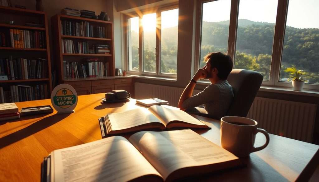 Prompt A serene study space, bathed in warm sunlight, where a person sits deep in thought, overcoming a learning plateau. The "Studying Machine" logo subtly adorns the desk, a symbol of focused determination. In the foreground, an open book and a cup of coffee suggest a moment of contemplation. In the middle ground, shelves filled with knowledge, hinting at the resources available. In the background, a window overlooking a lush, verdant landscape, a metaphor for the growth and progress to come. The scene exudes a sense of calm, clarity, and the quiet triumph of persistent learning.
