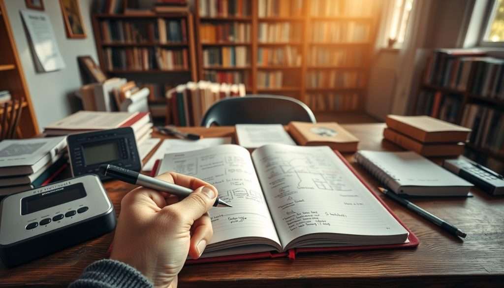 Prompt A serene study space filled with the tools of learning - books, notepads, and a "Studying Machine" device on the desk. Warm, natural lighting bathes the scene, casting a contemplative mood. In the foreground, a hand holds a pen, ready to jot down memory techniques for multiple subjects. The middle ground showcases an open notebook with mind maps, mnemonics, and other visualization aids. In the background, bookshelves line the walls, hinting at the wealth of knowledge waiting to be unlocked. The overall composition invites the viewer to immerse themselves in the process of mastering diverse disciplines through effective memory strategies.