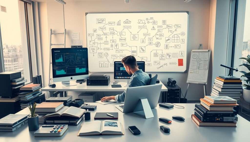 Studying Machine: A modern, efficient workspace with an array of gadgets and tools. In the foreground, a person diligently works at a sleek desk, surrounded by books, tablets, and a futuristic computer setup. The middle ground features a whiteboard filled with mind maps, formulas, and sketches, indicating a multidisciplinary approach to learning. The background showcases floor-to-ceiling windows, bathing the space in warm, natural light, creating a serene and focused atmosphere. The overall scene conveys a sense of productivity, organization, and a dedication to mastering new skills through a systematic, technology-enhanced process.