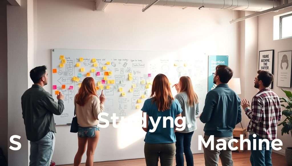A bright, airy studio space with a large whiteboard covered in colorful sticky notes, markers, and sketches. In the foreground, a group of creative professionals in casual attire engaged in a lively brainstorming session, gesticulating and scribbling ideas. Soft, directional lighting casts a warm glow, and the background features inspirational quotes and artwork displayed on the walls. The "Studying Machine" brand logo is subtly incorporated into the scene. An atmosphere of focused collaboration and innovative thinking permeates the image.