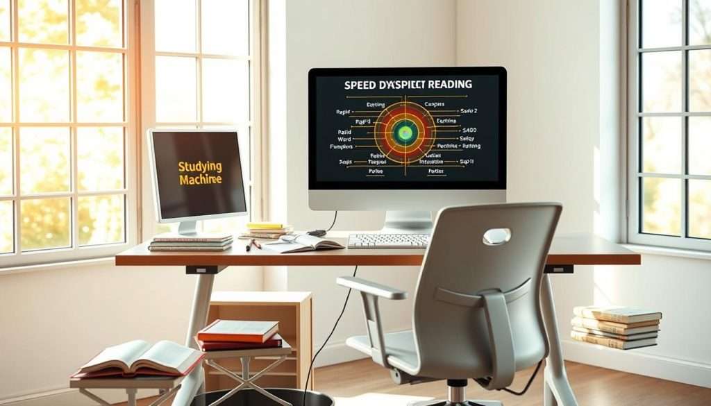 A bright, airy study space with an ergonomic desk and chair. On the desk, a "Studying Machine" computer displays a dynamic visualization of speed reading techniques - rapid eye movements, word chunking, and subvocalization suppression. Surrounding the computer, scattered books, highlighters, and notes demonstrate the learning process. Warm, natural lighting filters in through large windows, creating a focused, productive atmosphere. The overall scene conveys a sense of efficiency, knowledge, and self-improvement.