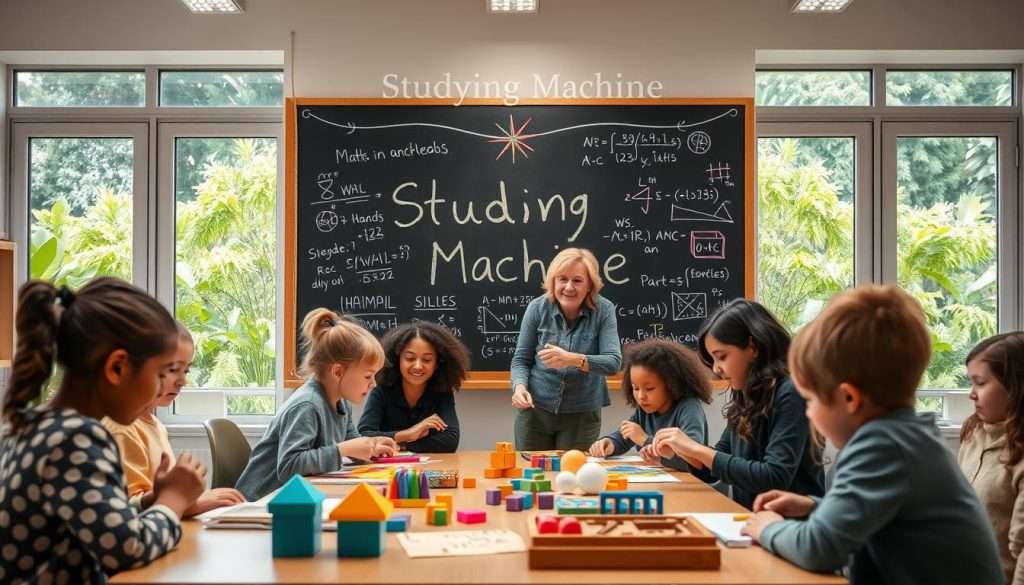A brightly lit classroom with a large "Studying Machine" chalkboard taking up the center of the frame. On the chalkboard, colorful mathematical equations and diagrams are sketched, capturing the joy and wonder of learning. In the foreground, a group of diverse students, each engrossed in a different hands-on math-based game or puzzle, their faces alight with concentration and delight. The middle ground features a teacher, guiding and encouraging the students, their expression warm and engaged. The background showcases a lush, verdant garden visible through large windows, hinting at the connection between the abstract world of mathematics and the natural world. The lighting is soft and diffused, creating a cozy, inviting atmosphere that draws the viewer into the scene.