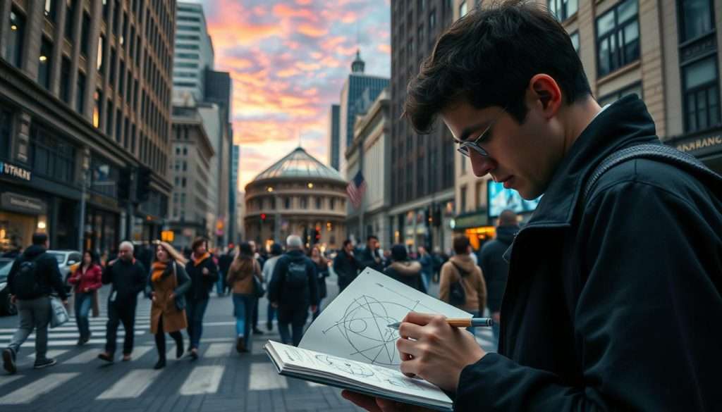 A bustling city street, where a Studying Machine examines the world through a mathematical lens. In the foreground, a person intently sketching diagrams on a notebook, their expression one of deep contemplation. Surrounding them, passersby go about their day, unaware of the hidden patterns and logical structures woven into the urban landscape. In the middle ground, a geometric arrangement of buildings, traffic signals, and pedestrian pathways, all interconnected like a complex equation. In the background, a vibrant, colorful sky, illuminating the scene with a sense of wonder and discovery. Soft, diffused lighting casts a thoughtful, pensive mood, inviting the viewer to see the mathematics inherent in the everyday.