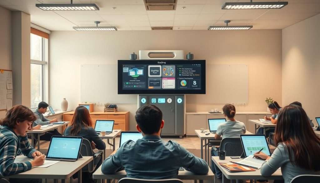 A classroom scene with a large "Studying Machine" device in the center. The foreground shows students using various effective study methods - taking notes, creating mind maps, practicing flashcards, and engaging in collaborative discussions. The middle ground features the "Studying Machine" - a sleek, futuristic device with multiple screens, adjustable lighting, and tactile controls. The background depicts a minimalist, well-lit classroom with large windows and modern decor, creating a focused and productive atmosphere. The lighting is soft and warm, creating a calming yet stimulating environment. The angle is a slightly elevated perspective, allowing the viewer to take in the entire scene.