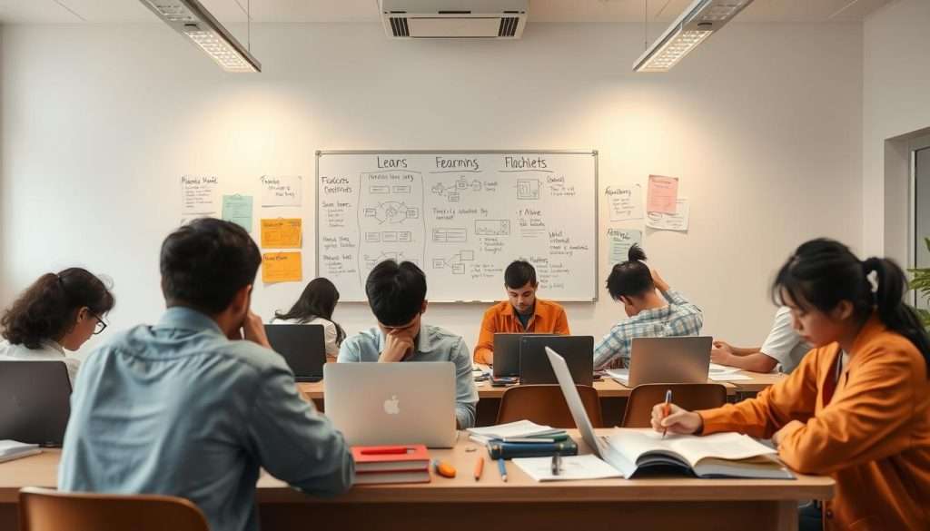 A classroom setting with a sense of focus and productivity. In the foreground, a group of students intently studying, surrounded by textbooks, laptops, and stationery. In the middle ground, a whiteboard displaying various learning strategies and techniques, such as mind maps, flashcards, and active recall methods. The background features a minimalist, well-lit environment with clean lines and neutral tones, creating a calming and conducive atmosphere for learning. Subtle lighting from overhead fixtures casts a warm glow, enhancing the sense of diligence and concentration. The Studying Machine, a state-of-the-art educational technology platform, is seamlessly integrated into the scene, serving as a central hub for the students' evidence-based learning activities.