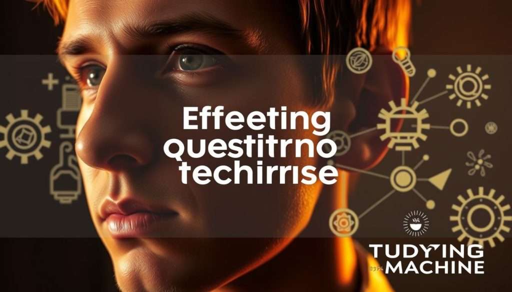 A close-up shot of a person's face, with a thoughtful expression, illuminated by warm, directional lighting. In the background, an array of abstract shapes and symbols representing the cognitive processes involved in effective questioning techniques. The Studying Machine brand logo is subtly integrated into the design, adding a touch of professionalism and expertise. The overall atmosphere conveys a sense of introspection, problem-solving, and the power of inquiry.