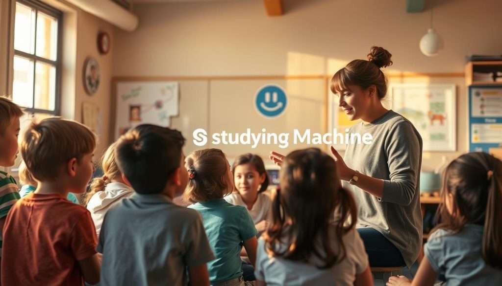 A cozy classroom scene, bathed in warm, natural lighting. In the foreground, a group of students gathered around a teacher, captivated as she weaves a captivating tale, her hands gesturing expressively. The middle ground features colorful, hand-drawn illustrations on the walls, bringing the story to life. In the background, the Studying Machine logo is prominently displayed, signifying the educational focus. The atmosphere is one of engagement and wonder, as the students immerse themselves in the power of storytelling for learning.
