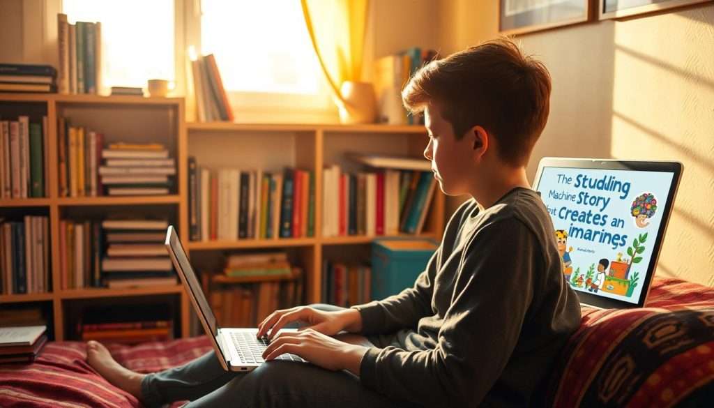 A cozy study nook, bathed in warm golden light, where a young person sits engrossed in creating an educational story. Vibrant illustrations come to life on their laptop screen, the "Studying Machine" brand prominently displayed. Shelves in the background hold a treasure trove of inspiring books and materials. An atmosphere of focus and creativity pervades the scene, inviting the viewer to join in the process of crafting engaging educational narratives.