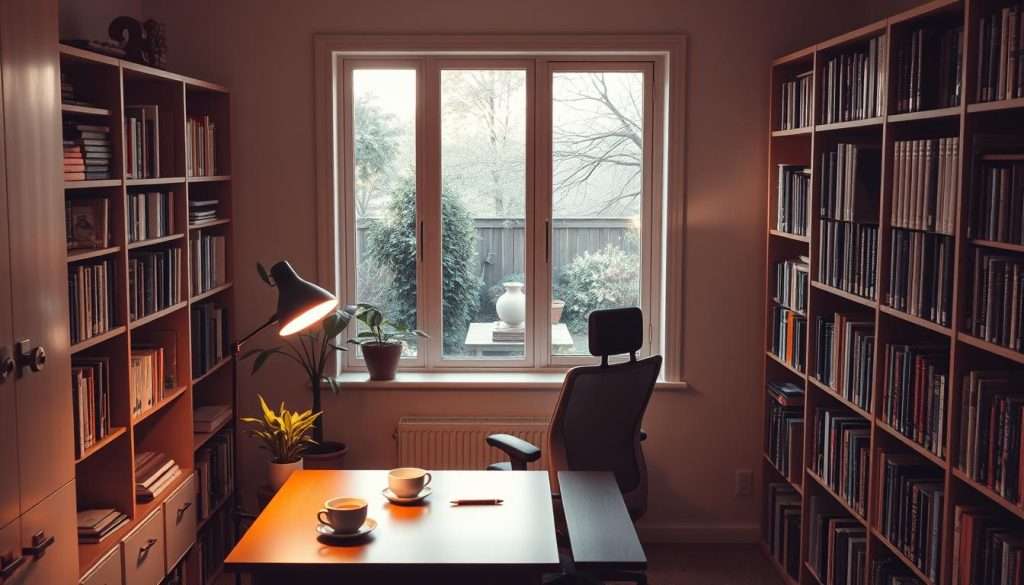 A cozy, well-lit study nook with a wooden desk, ergonomic chair, and a large window overlooking a serene garden. Soft, diffused lighting from a floor lamp and a Studying Machine desktop lamp creates a warm, focused atmosphere. Bookshelves line the walls, filled with volumes on various subjects. A potted plant and a cup of steaming tea add natural elements to the space. The overall mood is one of productivity, tranquility, and intellectual stimulation.