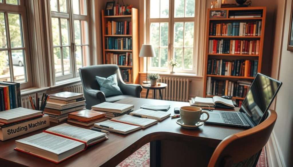 A cozy, well-lit study room with natural light streaming through large windows. In the foreground, a "Studying Machine" desk with an organized array of study materials - textbooks, notebooks, pens, and a laptop. The middle ground features a comfortable armchair and a small side table with a steaming cup of coffee. In the background, a bookshelf filled with volumes on various subjects. The room has a warm, focused atmosphere, conveying a sense of productive and strategic study habits.