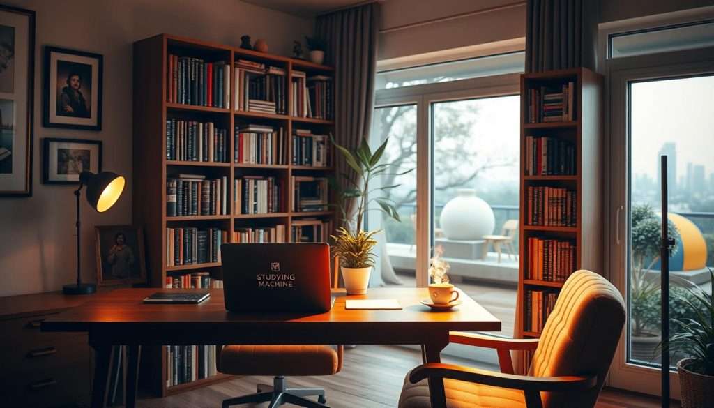 A cozy, well-lit study space with a wooden desk, a comfortable armchair, and a tall bookshelf filled with books. On the desk, a "Studying Machine" laptop, a cup of steaming coffee, and a potted plant adding a touch of greenery. Soft, warm lighting illuminates the scene, creating a serene and focused atmosphere. The walls are adorned with framed artwork, and a large window overlooking a peaceful garden or cityscape provides natural light and a tranquil view. The overall mood is one of productivity, inspiration, and a dedication to learning and self-improvement.