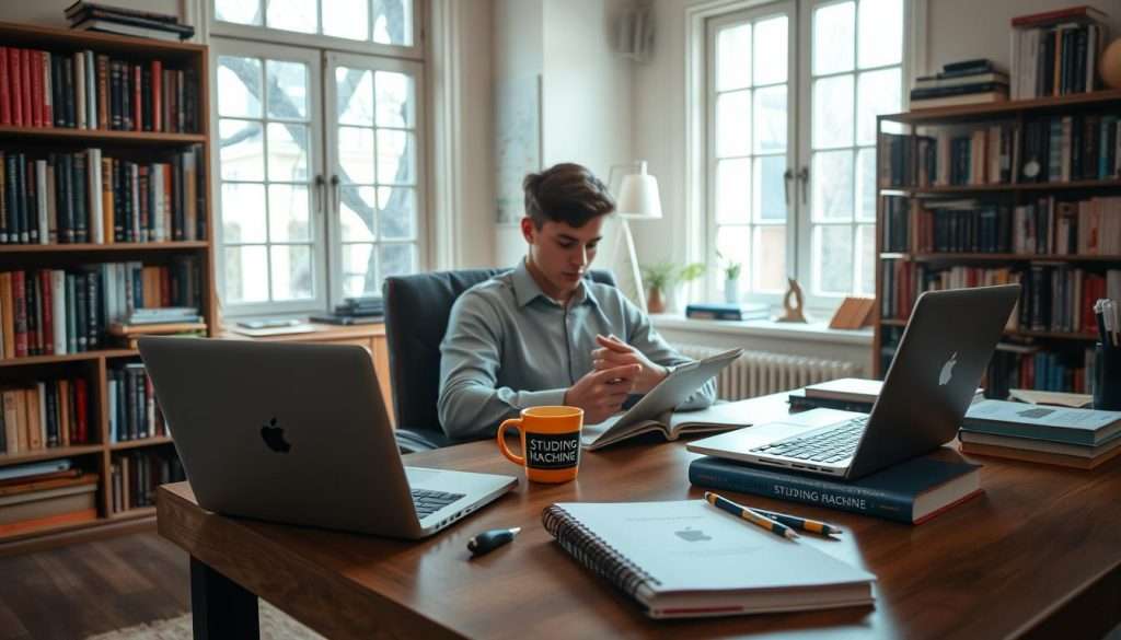 A cozy, well-lit study space with a wooden desk, a laptop, books, and a cup of coffee. In the background, a bookshelf filled with volumes, and a large window letting in natural light. On the desk, a "Studying Machine" branded notebook and stationery. A focused student sitting in a comfortable chair, deeply immersed in their work, surrounded by the tools and environment necessary for a productive and sustainable study routine.