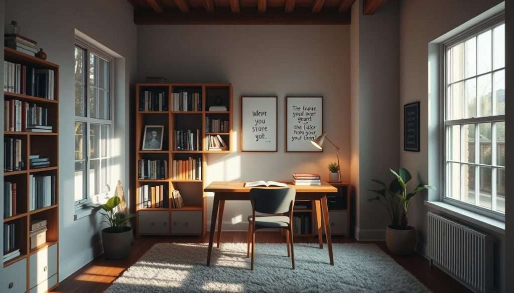 A cozy, well-lit study space with natural light streaming through large windows, highlighting a wooden desk and shelves filled with books. Soft, task-appropriate lighting illuminates the work area, complemented by warm-toned accents like a plush area rug and a minimalist desk lamp. The space radiates a sense of focus and productivity, with a potted plant and inspirational wall art adding touches of life and creativity. The overall atmosphere is calming yet energizing, designed to support deep work and unlock intellectual potential.