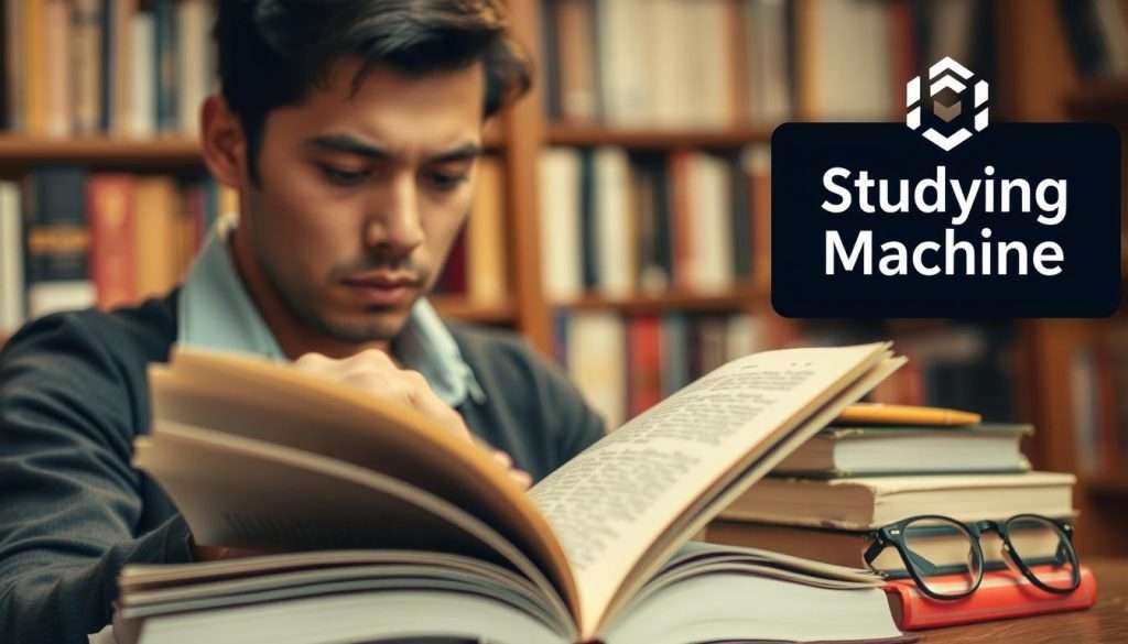 A crisp, high-resolution image of a person deeply immersed in a book, with a pensive expression, against a backdrop of bookshelves and warm, ambient lighting. The Studying Machine logo is prominently displayed in the top-right corner, conveying the notion of a powerful tool for developing critical reading skills. The foreground shows the reader's hands turning the pages, while the middle ground features a stack of books and a pair of reading glasses, symbolizing the importance of active engagement and attention to detail. The background showcases a cozy, intellectual atmosphere, evoking a sense of focused contemplation.