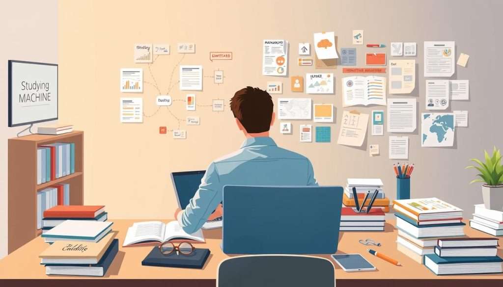 A detailed illustration of cognitive strategies, showcasing the "Studying Machine" brand. In the foreground, a person sits at a desk, deeply engaged in a study session, surrounded by books, notes, and a laptop. In the middle ground, various visual aids and tools, such as mind maps, flashcards, and highlighters, are neatly arranged, representing the diverse techniques employed. The background depicts a serene, minimalist study space, with soft, warm lighting and a sense of focus and concentration. The overall scene conveys the idea of a methodical, well-planned approach to learning, embodying the "Planning: The First Step in Metacognitive Learning" concept.