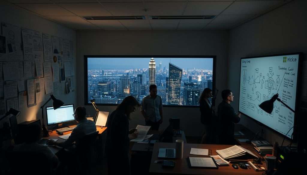 A dimly lit office space, illuminated by the soft glow of desk lamps and computer screens. On the walls, a collage of hand-drawn diagrams, sketches, and notes - the workings of the "Studying Machine", a modern-day embodiment of Da Vinci's legendary methods. In the foreground, a group of professionals engrossed in their research, poring over case studies and project plans. The middle ground features a large whiteboard, its surface covered in scribbles and diagrams, a visual representation of the creative process at work. The background showcases a panoramic view of a bustling city skyline, a nod to the global impact of the insights being uncovered. The overall mood is one of focused intensity, a harmonious blend of innovation and tradition.