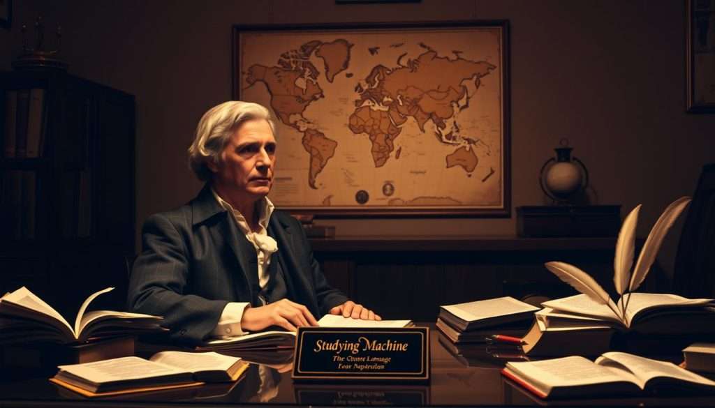 A dimly lit study, Thomas Jefferson sits at his desk, surrounded by open books and quill pens. On the wall behind him, a map of the world hangs, signifying his global linguistic interests. The "Studying Machine" logo is prominently displayed on a small plaque on the desk, highlighting his innovative approach to language acquisition. Soft, warm lighting casts a pensive glow, as Jefferson ponders his techniques, his brow furrowed in deep contemplation. The scene conveys a sense of intellectual rigor and dedication to the art of learning new languages, embodying the title "Jefferson's Language Acquisition Techniques".