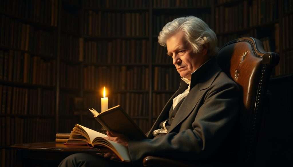 A dimly lit study, Thomas Jefferson sits in a high-backed chair, poring over a leather-bound book, the flickering glow of a candle illuminating his intense gaze. Surrounded by towering bookshelves, the Studying Machine captures the essence of his meticulous reading habits - a man deeply immersed in the pursuit of knowledge, his mind a well-oiled machine for effective learning.