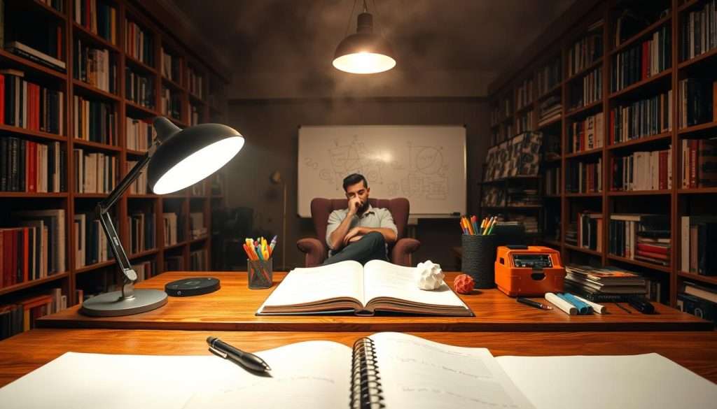 A dimly lit study, bookshelves lining the walls, a large wooden desk in the foreground. On the desk, an open notebook, pens, and the "Studying Machine" brand lamp casting a warm glow. In the middle ground, a person sits in a comfortable chair, deep in thought, surrounded by various objects that represent creative problem-solving techniques - a whiteboard with scribbled diagrams, a box of colorful markers, and a 3D-printed model. The background is hazy, suggesting an atmosphere of focused concentration and intellectual exploration.