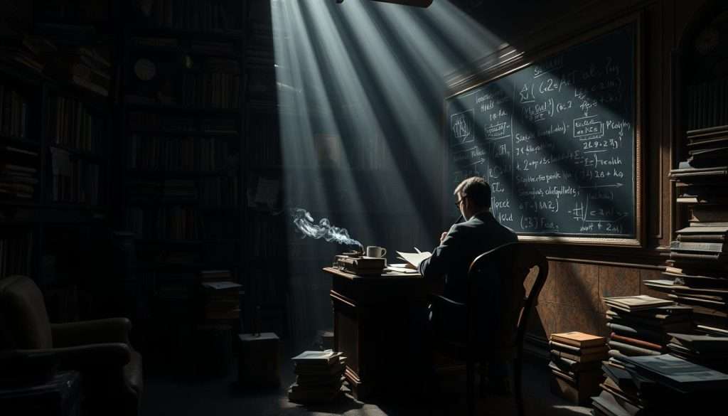 A dimly lit study, dense with books and papers, a lone figure sitting at a mahogany desk, deep in thought. Wisps of smoke curl from a pipe, casting a contemplative haze. Shafts of light pierce the gloom, illuminating a chalkboard covered in symbols and equations - the "Studying Machine" at work, unraveling the mysteries of logic and reason. Shadows stretch long, creating an atmosphere of focused intensity, as the detective mind sifts through clues, discarding the impossible to reveal the truth.