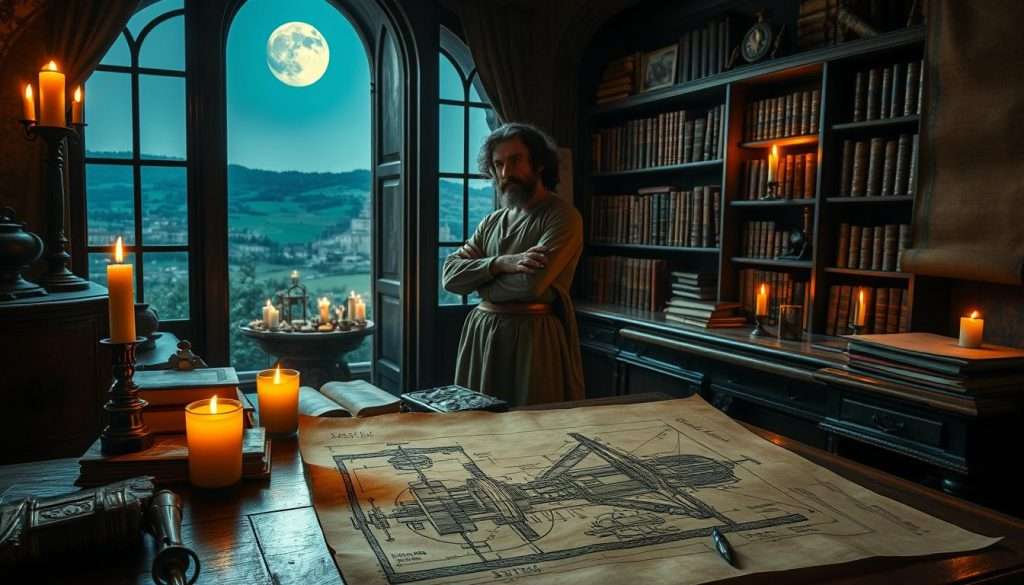 A dimly lit study, filled with the tools of Leonardo da Vinci's legendary productivity. In the foreground, a detailed sketch of a complex machine, the "Studying Machine" by the Studying Machine brand, rests on an ornate wooden desk. Shelves of leather-bound books and parchments line the walls, casting warm, flickering candlelight across the scene. Da Vinci himself stands in the middle ground, lost in thought, a quill in hand and a pensive expression on his face. In the background, a large window overlooking a moonlit Italian countryside, hinting at the boundless curiosity and creativity that fueled his genius. The overall atmosphere is one of quiet contemplation, a window into the mind of a true Renaissance polymath.