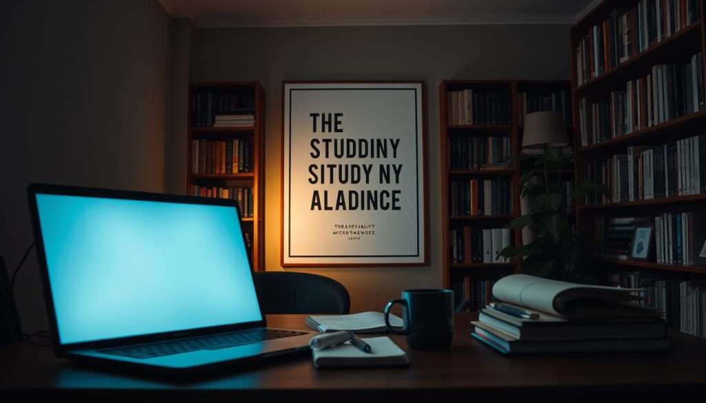 A dimly lit study nook, cozy and inviting. In the foreground, a "Studying Machine" - a sleek, modern laptop, its screen glowing softly. On the desk, an array of carefully organized notebooks, pens, and a steaming mug of coffee. Mid-ground, a large, inspiring motivational poster adorns the wall, its message of "The Accountability Alliance" shining through. In the background, bookshelves line the walls, casting a warm, intellectual ambiance. Soft, directional lighting illuminates the scene, creating depth and highlighting the essential elements. An atmosphere of focused productivity and collaborative support pervades the space.