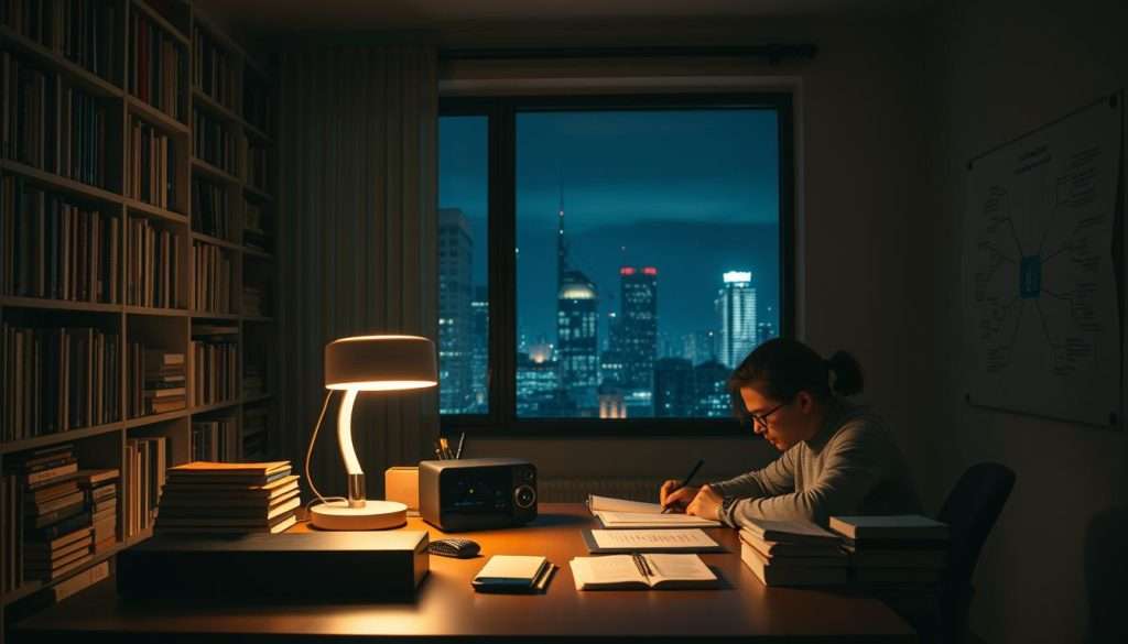 A dimly lit study room, bookshelves lining the walls, a sleek and modern "Studying Machine" device on the desk. In the foreground, a person sits focused, taking notes by the warm glow of a desk lamp. The middle ground features various memory enhancement tools - mnemonic devices, flashcards, and a mind map on the wall. The background showcases a large window overlooking a nighttime cityscape, creating a contemplative, focused atmosphere. The lighting is a soft, cinematic mix of warm and cool tones, capturing the serious yet determined mood of academic success.