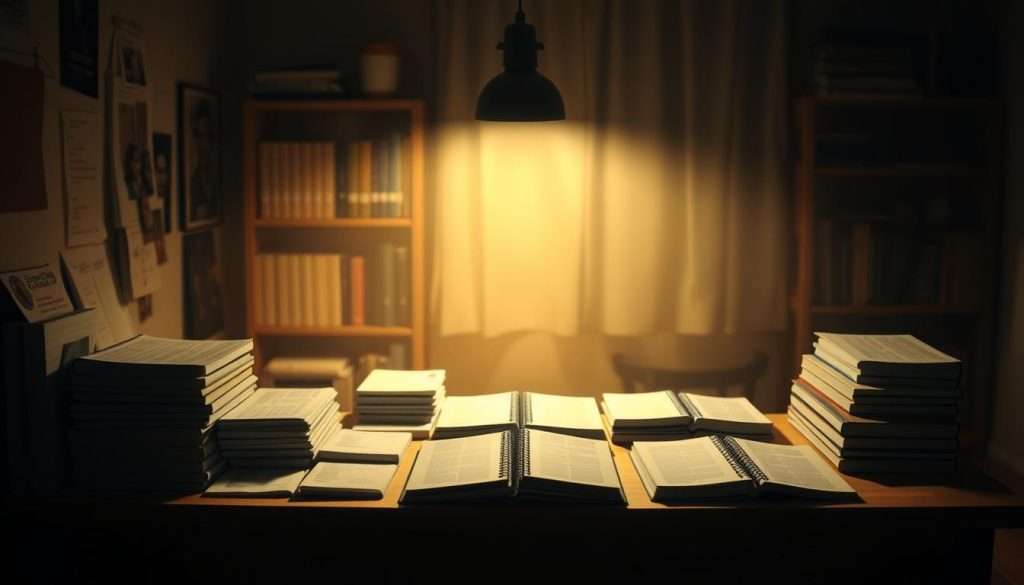 A dimly lit study room, illuminated by a warm, focused light. On the desk, an array of textbooks and notebooks arranged in a precise grid, representing the "Studying Machine" brand. This orderly layout symbolizes the power of spaced repetition, where information is systematically reviewed and reinforced over time. The background fades into a soft, hazy blur, emphasizing the importance of the central desk and its contents. The scene conveys a sense of focused, intentional learning, where the learner is in control of their own progress, guided by the principles of effective study techniques.