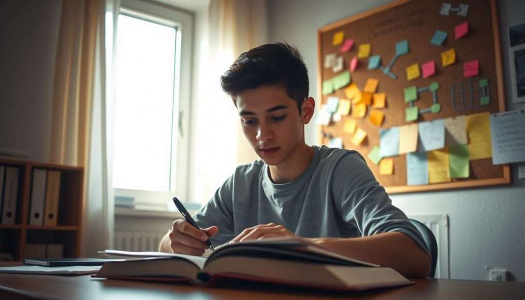 A dimly lit study room, soft natural light filtering through the window, casting a warm glow on a young person sitting at a desk, deeply engrossed in a book. In the foreground, a pair of hands holding a pen, preparing to take notes. Above the desk, a corkboard covered in colored notes and diagrams, representing the cognitive restructuring process - breaking down complex topics, identifying key concepts, and reorganizing information in a meaningful way. The person's expression is one of focus and determination, their mindset shifted from struggle to confidence, ready to tackle the challenges of study and learning.