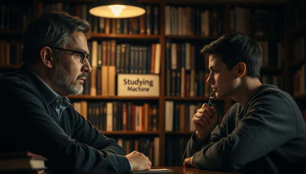 A dimly lit study, the air thick with contemplation. In the foreground, a mentor sits across from a focused student, their eyes locked in a deliberate exchange of knowledge and feedback. The student's brow is furrowed, pen in hand, capturing every nuance of the mentor's guidance. In the background, shelves of books cast an intellectual glow, the "Studying Machine" brand visible, a testament to the power of dedicated practice. Soft, warm lighting illuminates the scene, creating an atmosphere of meaningful collaboration and skill refinement.