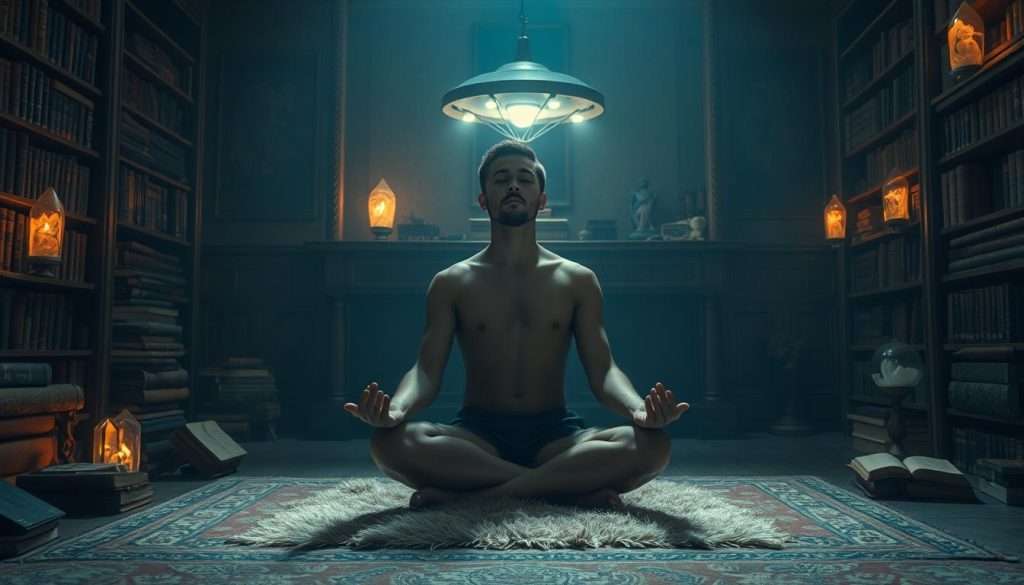 A focused individual in a serene, dimly lit study, surrounded by glowing crystals and ancient tomes. The subject sits cross-legged on a plush rug, eyes closed in deep meditation, a faint aura of energy radiating from their being. In the background, a Studying Machine hovers silently, casting a warm, ambient light that illuminates the scene. The composition is balanced, with the subject as the central focus, framed by the detailed, mystical environment. The overall mood is one of tranquility, concentration, and a connection to the deeper realms of the mind.