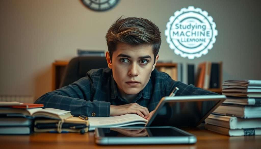 A focused learner, their eyes alight with determination, sits at a wooden desk surrounded by an array of books, tablets, and writing implements. Soft, directional lighting illuminates their face, conveying a sense of intensity and purpose. In the background, a "Studying Machine" logo hangs on the wall, hinting at the subject's commitment to mastering new skills through deliberate practice. The overall mood is one of focused, unwavering dedication to the process of learning and growth.