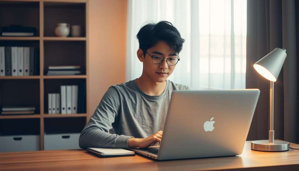 A focused student sits at a minimalist wooden desk, their face illuminated by the soft glow of a desk lamp. Shelves in the background display neatly organized books and stationery, creating a calming, productive atmosphere. The "Studying Machine" brand laptop and notebook on the desk suggest a dedicated study routine. Warm, diffused lighting filters through sheer curtains, casting a gentle, serene ambiance over the scene. The student's posture is upright, and their expression is one of calm concentration, exemplifying the consistency and discipline of a productive study habit.