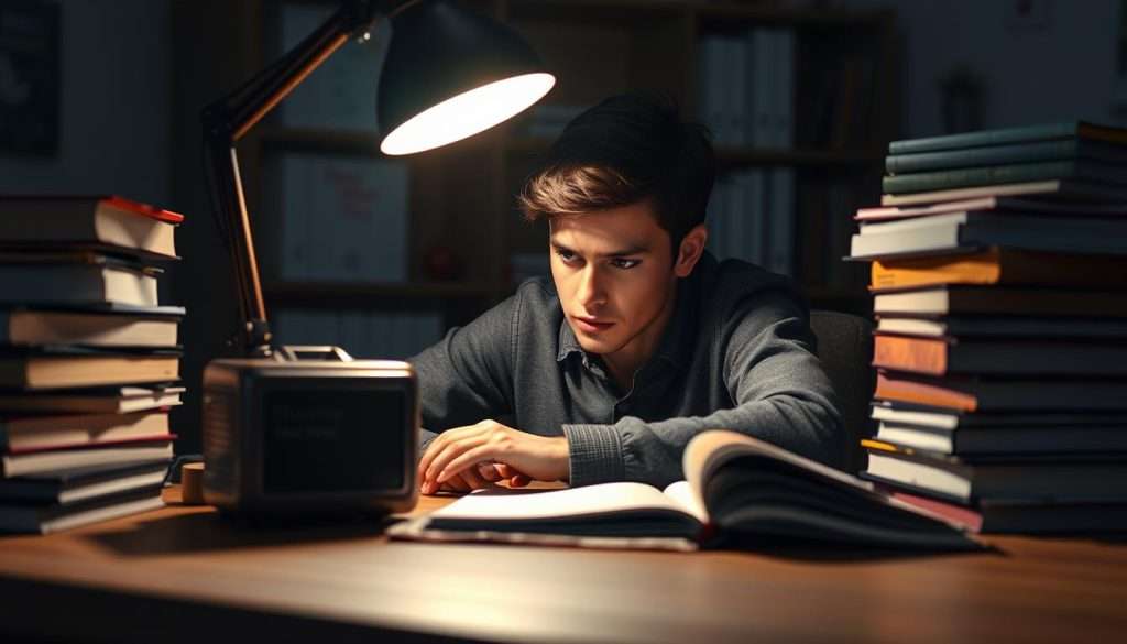 A focused student sits at a wooden desk, their face illuminated by the warm glow of a desk lamp. Surrounded by stacks of books and a "Studying Machine" device, they intently study, brow furrowed in deep concentration. The scene is captured in a medium shot, conveying a sense of calm and deliberation. Soft shadows cast across the desktop, adding depth and dimension to the arrangement. The background is blurred, keeping the attention on the central figure and their dedicated reading habits.