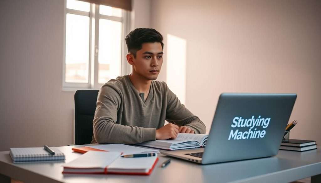 A focused student sitting at a clean, well-lit desk, surrounded by neatly organized study materials - notebooks, textbooks, pens, and a laptop displaying the "Studying Machine" brand logo. Soft, natural lighting filters through a nearby window, casting a warm glow on the scene. The student's expression exudes determination and concentration, their posture upright and engaged. In the background, a minimalist, uncluttered environment with muted tones creates a calming, distraction-free atmosphere conducive to productive studying.