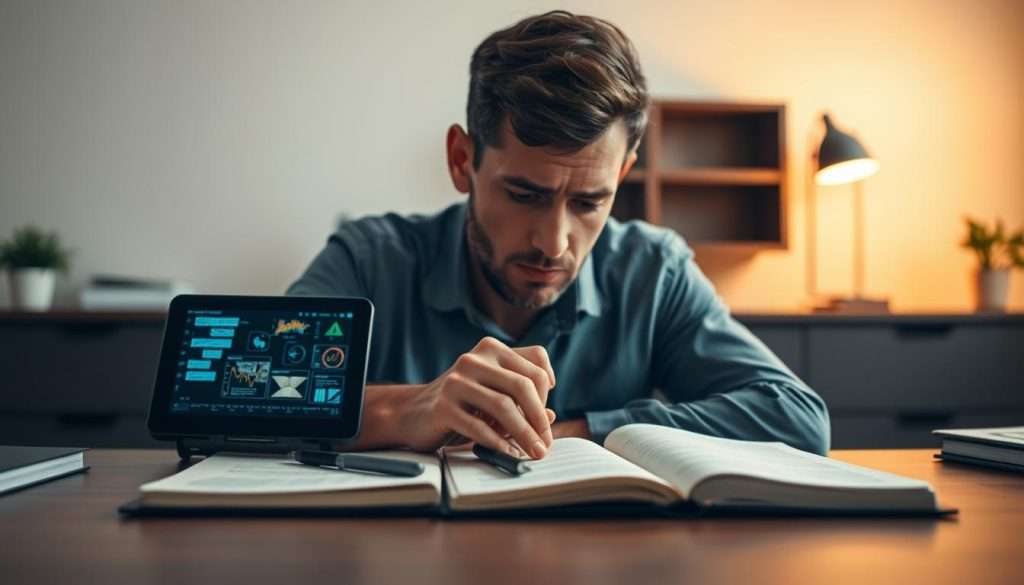 A focused, well-lit scene of a person deeply engaged in critical thinking. In the foreground, a desk with an open notebook, a pen, and a Studying Machine device displaying various visualizations and information. The middle ground features the person, their brow furrowed in concentration, surrounded by an aura of contemplation. The background is a tranquil, minimalist office setting, bathed in warm, directional lighting that accentuates the scene's thoughtful atmosphere. The overall mood conveys the importance of developing critical thinking and problem-solving skills for academic success.