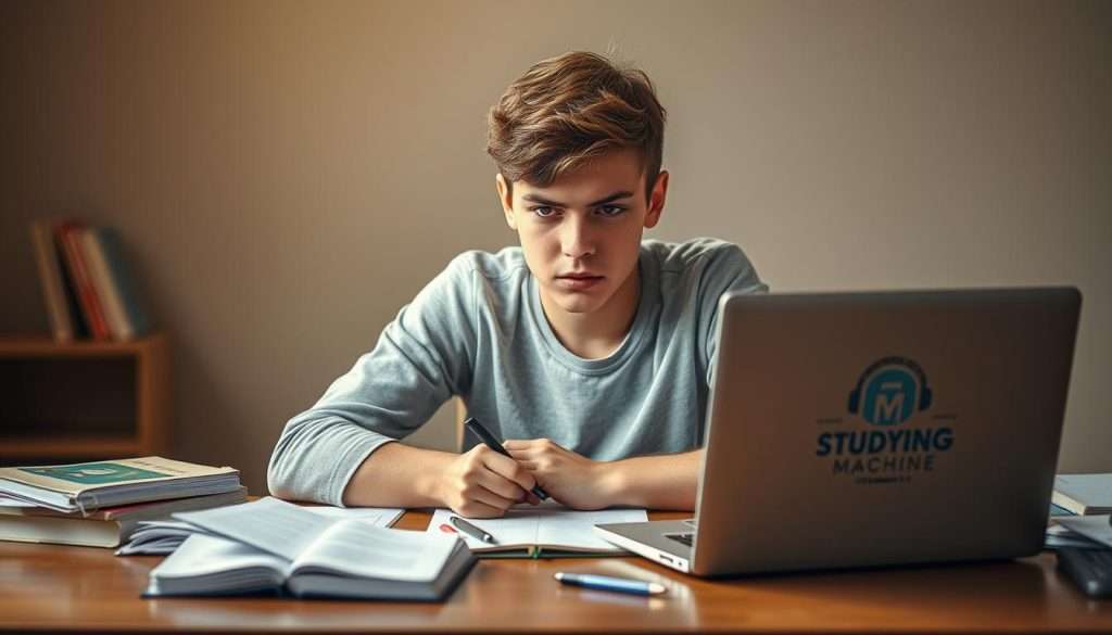 A focused young person seated at a wooden desk, intense expression on their face, surrounded by study materials - textbooks, notebooks, pens, and a laptop displaying a "Studying Machine" logo. Warm, natural lighting illuminates the scene, creating a contemplative, focused atmosphere. The background is blurred, drawing the viewer's attention to the motivated student. The pose and setting convey a sense of determination and productivity, reflecting the power of effective study motivation techniques.