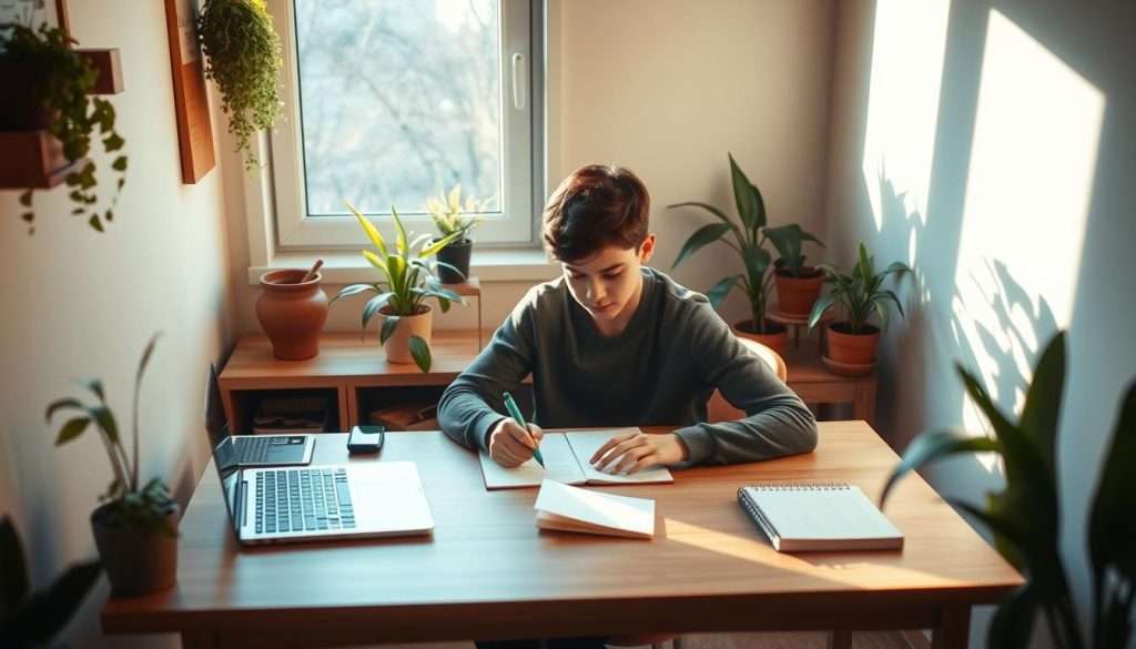A focused young student sits at a sleek, minimalist wooden desk in a sunlit study nook. Surrounded by potted plants and warm lighting, they are deeply immersed in their work, aided by the "Studying Machine" - a discreet, high-tech device that emits soothing ambient tones and adjusts the lighting to boost concentration. The atmosphere is calm and serene, evoking a sense of productivity and tranquility. The camera angle is slightly elevated, capturing the scene from an unobtrusive, bird's-eye view.