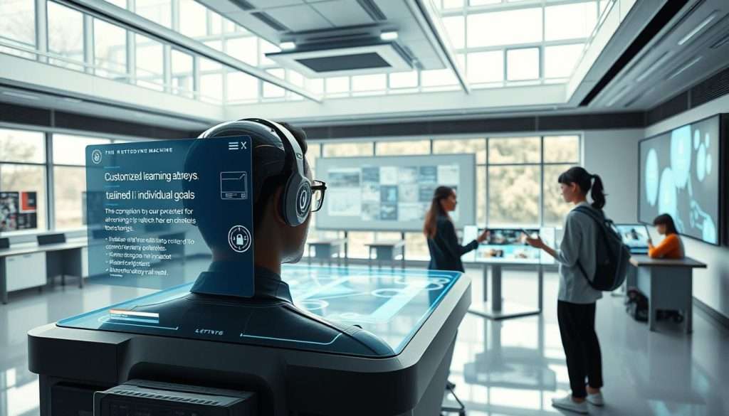 A futuristic and immersive learning environment with the "Studying Machine" as the centerpiece. In the foreground, a sleek, holographic interface projects customized learning pathways tailored to individual goals. In the middle ground, students interact with interactive AR displays, seamlessly accessing a wealth of educational content. The background features a sophisticated, minimalist classroom setting with floor-to-ceiling windows, allowing natural light to filter in and create a sense of openness and inspiration. The overall atmosphere conveys a harmonious blend of technology and personalized learning, empowering students to unlock their full potential.