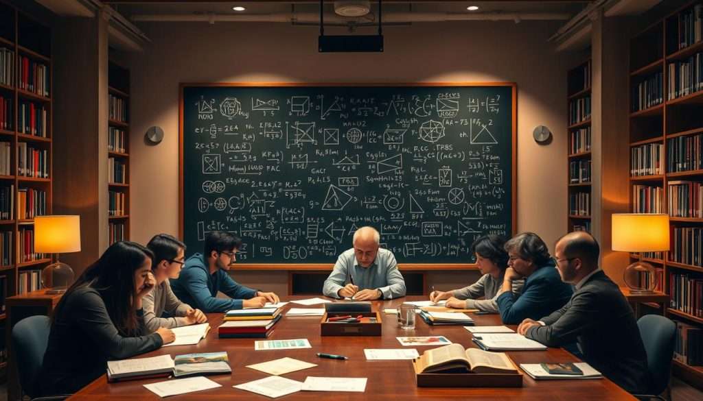 A group of people gathered in a warm, inviting study space, collaborating on a variety of mathematical concepts. In the foreground, students and professors sit around a large table, deep in discussion, papers and textbooks spread out before them. The middle ground features a chalkboard filled with complex equations and diagrams, illuminated by soft, diffused lighting. In the background, bookshelves line the walls, hinting at the wealth of mathematical knowledge within. The atmosphere is one of intellectual curiosity and camaraderie, a true "Studying Machine" community of math enthusiasts.