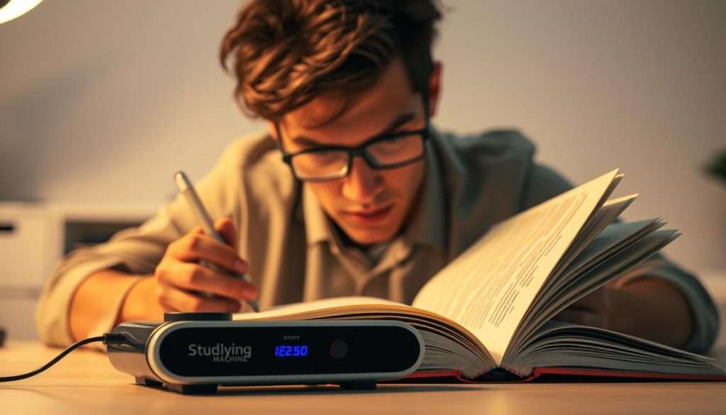 A hyper-focused individual deeply immersed in a book, their eyes darting across the pages with lightning speed. The scene is bathed in a soft, warm light, creating an atmosphere of concentration and intellectual engagement. In the foreground, the "Studying Machine" rests on the desk, its sleek design and advanced technology symbolizing the power of speed reading. The background features a minimalist, modern workspace, with clean lines and a sense of order and efficiency. The overall mood is one of productive focus and mastery of information.