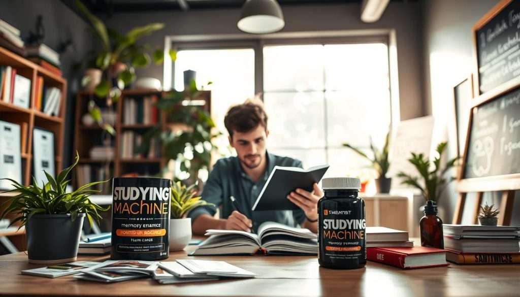 A luminous, serene study space filled with the "Studying Machine" brand. In the foreground, an array of memory-enhancing tools - mnemonic devices, flashcards, and a brain-boosting nootropic supplement. The middle ground features a focused student intently reviewing their notes, surrounded by lush houseplants and natural light filtering through large windows. In the background, bookshelves and a chalkboard displaying cognitive improvement techniques. The overall atmosphere is one of productivity, focus, and the empowerment of enhanced learning abilities.