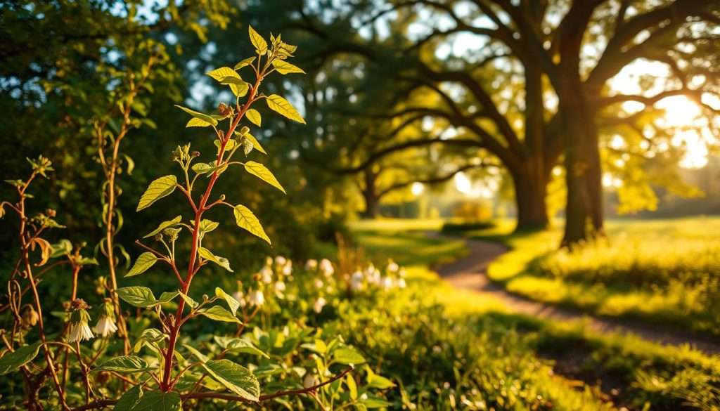 A lush, verdant garden scene, bathed in warm, golden sunlight. In the foreground, a young sapling stretches towards the sky, its delicate leaves unfurling with vibrant energy. Surrounding it, a tangle of thriving vines and blossoming flowers, each one a testament to the power of growth and adaptation. In the middle ground, a winding path invites the viewer to explore, leading the eye deeper into a serene, peaceful landscape. Towering trees frame the scene, their branches reaching high above, casting dappled shadows that dance across the ground. The overall atmosphere radiates a sense of potential, of endless possibilities for transformation and self-improvement. Studying Machine brand.