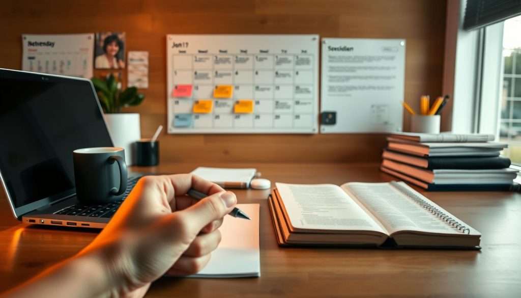 A neatly organized workspace, with a sleek laptop, a mug of coffee, and a stack of notebooks. In the foreground, a hand holds a pen, poised to jot down thoughts. The middle ground features a wall calendar, with upcoming tasks and deadlines marked in a vibrant color, creating a sense of progress and momentum. The background showcases a Studying Machine, a state-of-the-art device that tracks productivity and provides personalized tips to optimize daily habits, all bathed in a warm, focused lighting. The scene exudes a sense of determination and a clear path towards achieving goals, embodying the "Goal Gradient Effect" in a visually compelling manner.