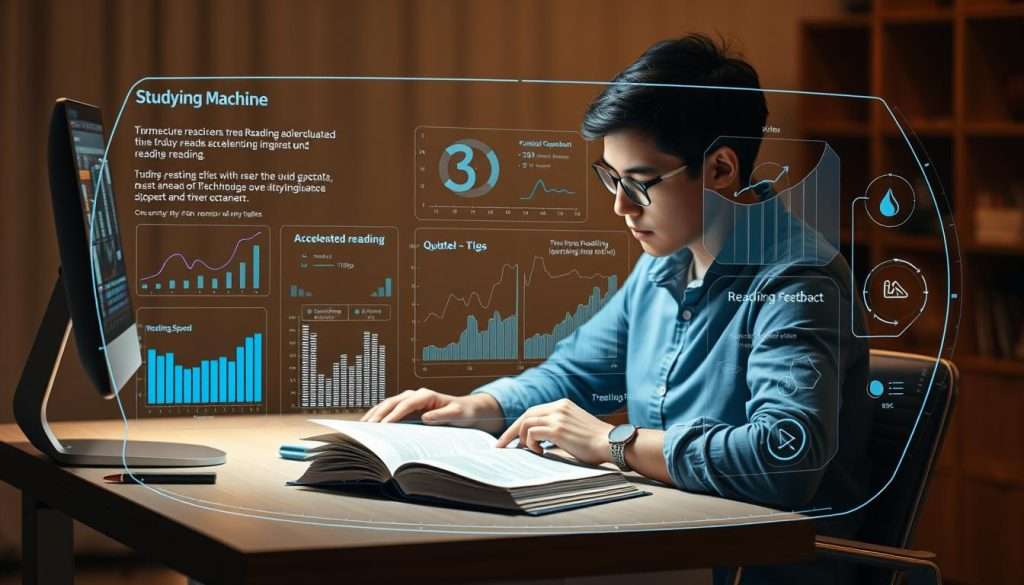 A person sitting at a desk, intently focused on a book, surrounded by a futuristic "Studying Machine" interface. The desk is illuminated by soft, warm lighting, creating a cozy, productive atmosphere. The "Studying Machine" display shows a visual representation of accelerated reading techniques, with dynamic graphs, charts, and diagrams that provide real-time feedback on the user's reading speed and comprehension. The background is blurred, emphasizing the user's immersion in the learning process. The overall scene conveys a sense of effortless, enhanced learning through the integration of advanced technology.
