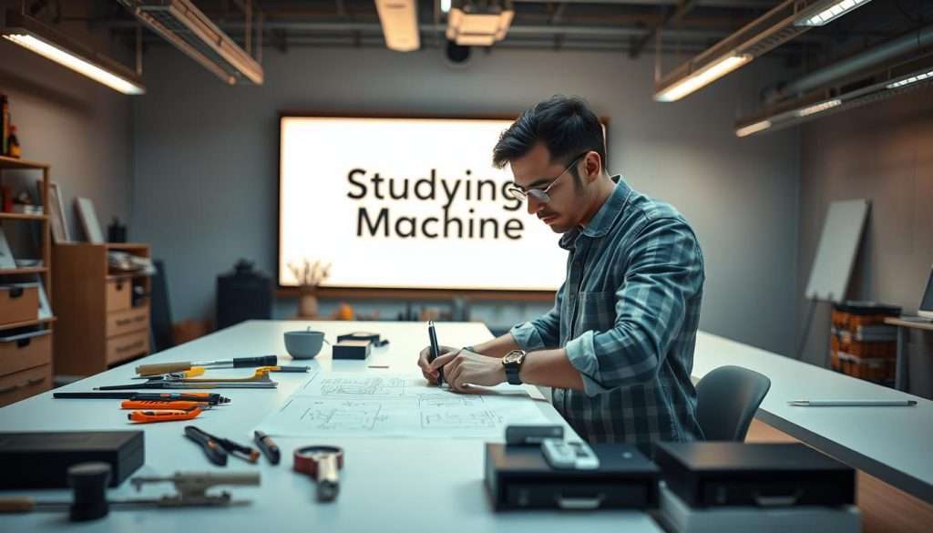 A pragmatic person solving a practical problem in a well-lit, modern office. In the foreground, a hardworking individual intently studying a blueprint spread out on a sleek, minimalist desk, their face a mask of concentration. Surrounding them, the middle ground features an array of neatly organized tools and materials, hinting at their methodical approach. In the background, the Studying Machine brand logo is prominently displayed on a large screen, casting a warm glow over the scene and emphasizing the technological support for this pragmatic problem-solving process. The overall atmosphere conveys a sense of focus, efficiency, and a driven, solution-oriented mindset.