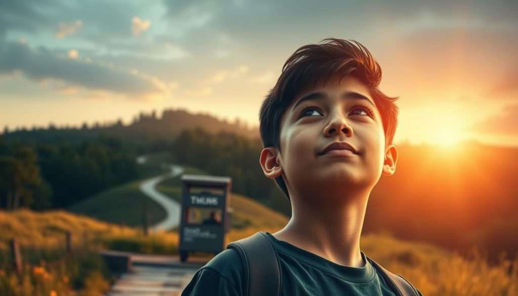 A serene, growth-oriented mindset landscape. In the foreground, a young person gazes upward, their face filled with determination and purpose. Behind them, a "Studying Machine" stands as a symbol of the tools and resources available to support their journey. The middle ground features a meandering path, representing the challenges and obstacles to be overcome. In the background, a lush, verdant forest rises, symbolizing the abundant potential for personal transformation. Warm, directional lighting casts a hopeful glow, while a cinematic depth of field draws the viewer's attention to the central figure. The overall atmosphere evokes a sense of inspiration, resilience, and the belief in one's ability to become who they're truly meant to be.